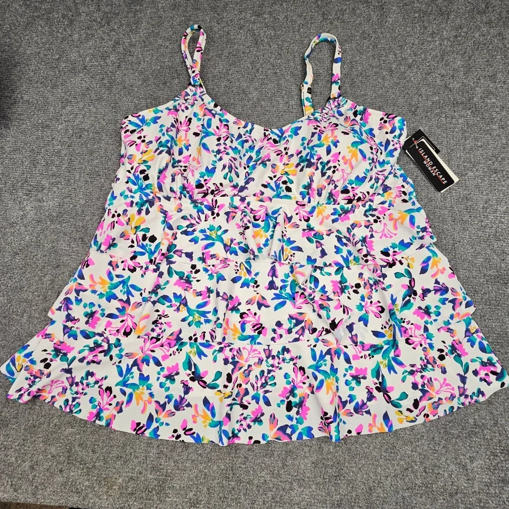 Island Escape Women Tankini Top Tiered Ruffle Underwire Floral White Multi 20W - Picture 1 of 8